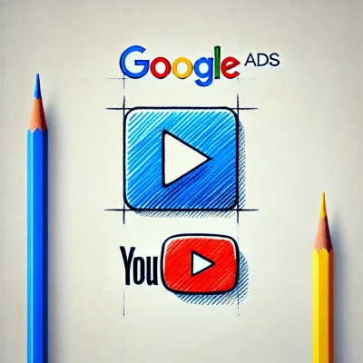 DALL·E 2025-03-23 13.17.59 - Minimalist hand-drawn sketch style illustration on a pure white background. Centered is the Google Ads and YouTube logo, drawn in a simple, modern, an