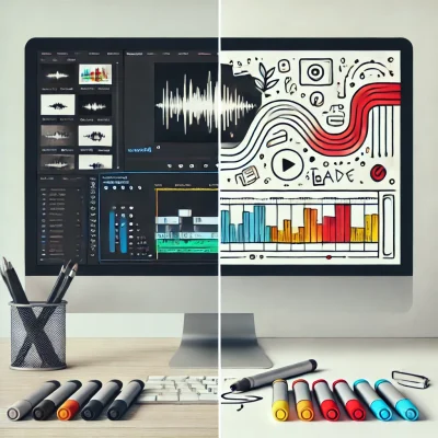 DALL·E 2025-03-24 09.44.04 - Minimalist digital marketing illustration with a split-style design_ left half is a realistic close-up photo of a video editor timeline on a computer