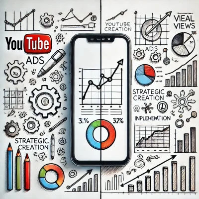 DALL·E 2025-03-24 09.47.15 - A minimalist marketing-themed digital illustration with a clear division_ one side features a realistic smartphone displaying a YouTube Ads analytics