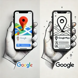 DALL·E 2025-03-24 10.26.56 - Minimalist digital marketing-themed illustration with a split style_ the left half is a realistic photo showing a hand holding a smartphone with a Goo
